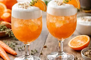 Sparkling clementine-carrot cocktail with aquafaba foam and a hint of cardamom