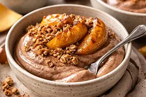 Chestnut-chocolate mousse with roasted apples and oat crumble