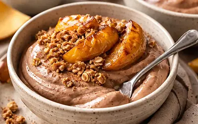 Chestnut-chocolate mousse with roasted apples and oat crumble