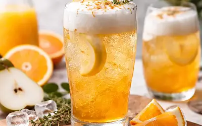 Jesienny musujący napój gruszkowo-pomarańczowy z pianą z aquafaby