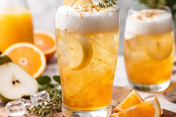 Jesienny musujący napój gruszkowo-pomarańczowy z pianą z aquafaby