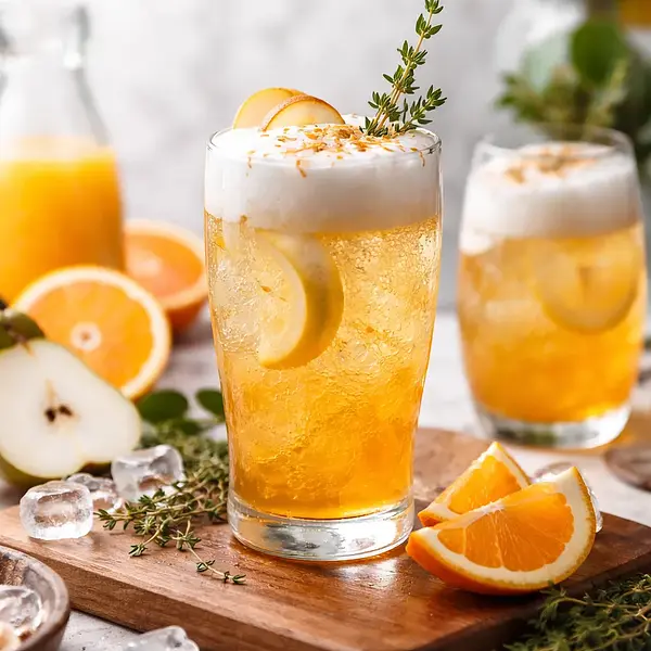 Jesienny musujący napój gruszkowo-pomarańczowy z pianą z aquafaby