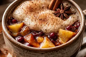 Traditional warming spiced compote with cinnamon foam