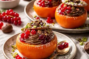 Seasonal dessert: Baked persimmons with chestnut cream, chocolate 'soil' and red orange jelly (variant 68bc5c79)