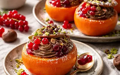 Sezonowy deser: Pieczone kaki z kremem z kasztanów, czekoladowym 'soilem' i galaretką z czerwonych pomarańczy (wariant 68bc5c79)