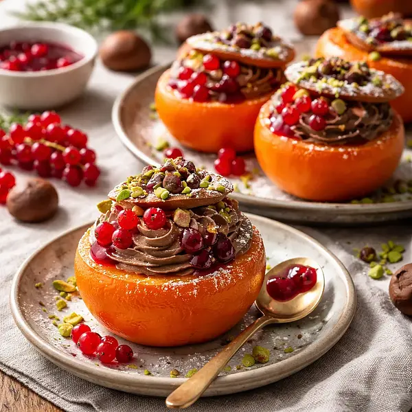 Sezonowy deser: Pieczone kaki z kremem z kasztanów, czekoladowym 'soilem' i galaretką z czerwonych pomarańczy (wariant 68bc5c79)