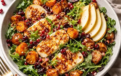 Quick seasonal winter salad with roasted sweet potatoes, pear, and halloumi