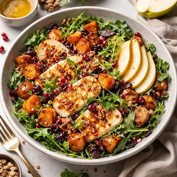 Szybka sezonowa sałatka zimowa z pieczonymi batatami, gruszką i halloumi