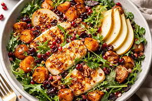 Quick seasonal winter salad with roasted sweet potatoes, pear, and halloumi