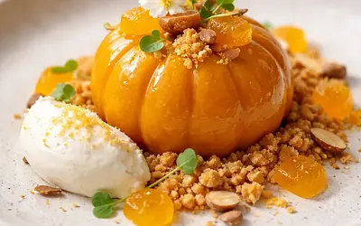 Modern domes of roasted pumpkin and ricotta cream with orange gel, almond crumble, and pomegranate seeds