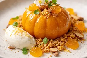 Modern domes of roasted pumpkin and ricotta cream with orange gel, almond crumble, and pomegranate seeds