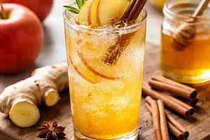 Sparkling apple-ginger drink with cinnamon-honey syrup