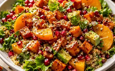 Sałatka fusion: pieczony batat i kaki z quinoa, granatem i miso‑maple dressingiem