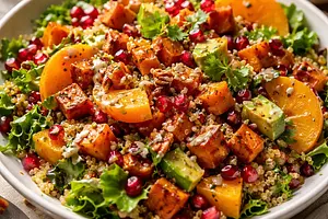 Fusion salad: roasted sweet potato and persimmon with quinoa, pomegranate, and miso-maple dressing