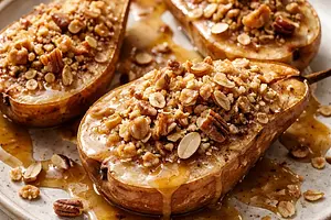 Baked spiced pears with almond-oat crumble and vanilla-caramel sauce