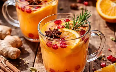 Warming orange-pomegranate drink with ginger and cardamom