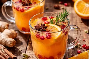 Warming orange-pomegranate drink with ginger and cardamom