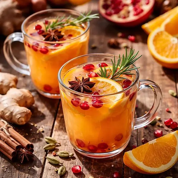 Rozgrzewający napój pomarańczowo-granatowy z imbirem i kardamonem