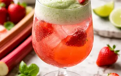 Rabarbarowo-truskawkowy koktajl z puszystą pianką bazyliowo-limonkową