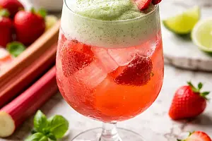 Rabarbarowo-truskawkowy koktajl z puszystą pianką bazyliowo-limonkową