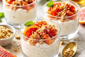 Szybkie pucharki z kremem ricotta, krwistymi pomarańczami i kruszonką migdałową