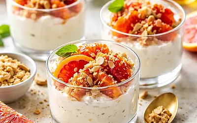 Szybkie pucharki z kremem ricotta, krwistymi pomarańczami i kruszonką migdałową