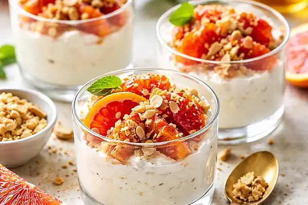 Szybkie pucharki z kremem ricotta, krwistymi pomarańczami i kruszonką migdałową