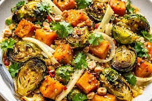 Fusion salad: roasted butternut squash with Brussels sprouts, fennel, and miso-lime dressing