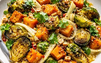 Fusion salad: roasted butternut squash with Brussels sprouts, fennel, and miso-lime dressing