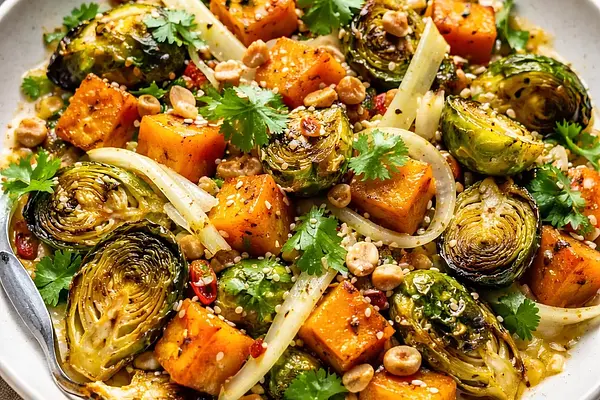 Sałatka fusion: pieczona dynia piżmowa z brukselką, fenkułem i sosem miso-limonka (wariant 40a0e750)