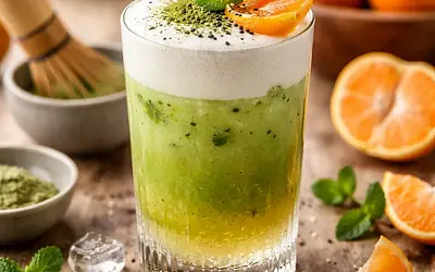 Seasonal fusion cocktail: tangerine with matcha and coconut foam
