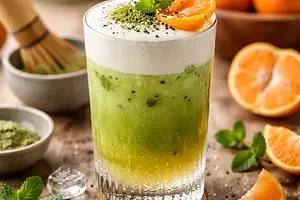 Seasonal fusion cocktail: tangerine with matcha and coconut foam