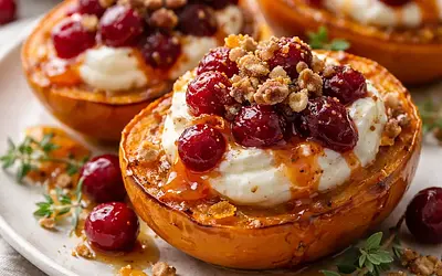 Pieczone kaki (persimon) z kremem ricotta, sosem żurawinowo-pomarańczowym i orzechowym crumble