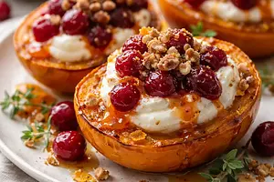 Pieczone kaki (persimon) z kremem ricotta, sosem żurawinowo-pomarańczowym i orzechowym crumble