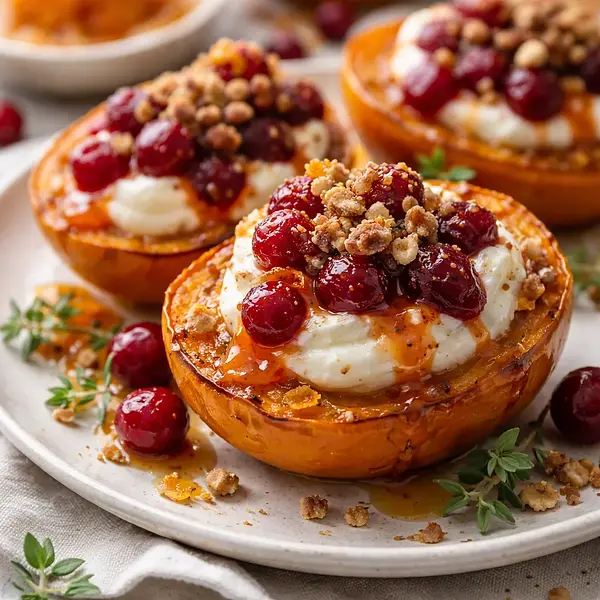 Pieczone kaki (persimon) z kremem ricotta, sosem żurawinowo-pomarańczowym i orzechowym crumble