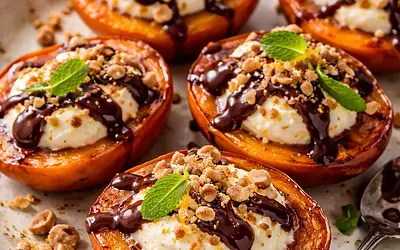 Baked persimmons with citrus ricotta cream, hazelnut crumble, and chocolate sauce