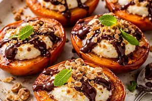 Baked persimmons with citrus ricotta cream, hazelnut crumble, and chocolate sauce