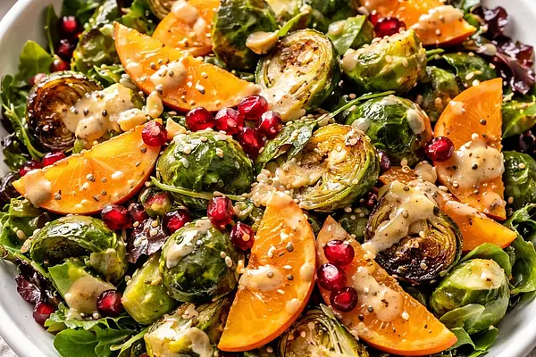 Sałatka fusion z pieczonymi brukselkami, kaki i granatem z sosem miso-tahini