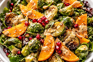 Fusion salad with roasted Brussels sprouts, persimmon, and pomegranate with miso-tahini dressing