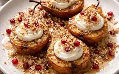 Pieczone gruszki w miso‑imbirze z kremem kokosowo‑mascarpone, sezamowo‑ryżową kruszonką i granatem