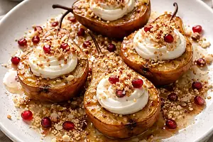 Pieczone gruszki w miso‑imbirze z kremem kokosowo‑mascarpone, sezamowo‑ryżową kruszonką i granatem