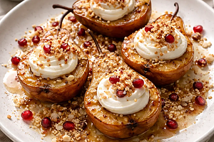 Pieczone gruszki w miso‑imbirze z kremem kokosowo‑mascarpone, sezamowo‑ryżową kruszonką i granatem