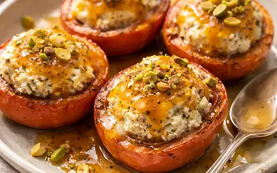 Baked persimmons with ricotta cream, almond-halva crumble, and orange-cardamom sauce