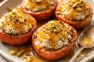 Baked persimmons with ricotta cream, almond-halva crumble, and orange-cardamom sauce