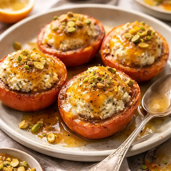 Pieczone persymony z kremem ricotta, migdałowo-chałwową kruszonką i sosem pomarańczowo-kardamonowym