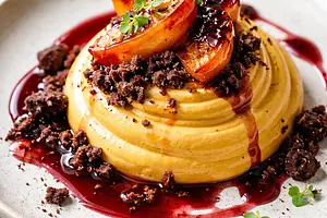 Modern pumpkin mousse with roasted persimmon, chocolate crumble, and red wine sauce (variant b7340407)