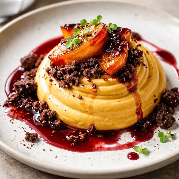 Nowoczesny mus dyniowy z pieczonym kaki, czekoladową kruszonką i sosem z czerwonego wina (wariant b7340407)