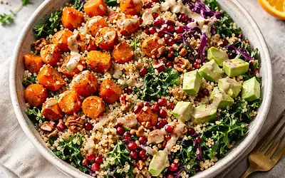 Winter fusion salad with roasted sweet potatoes, quinoa, and miso-citrus dressing