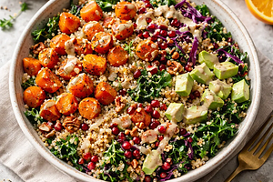 Winter fusion salad with roasted sweet potatoes, quinoa, and miso-citrus dressing