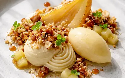 Modern dessert: Pear in three textures with almond crumble and caramelized nuts